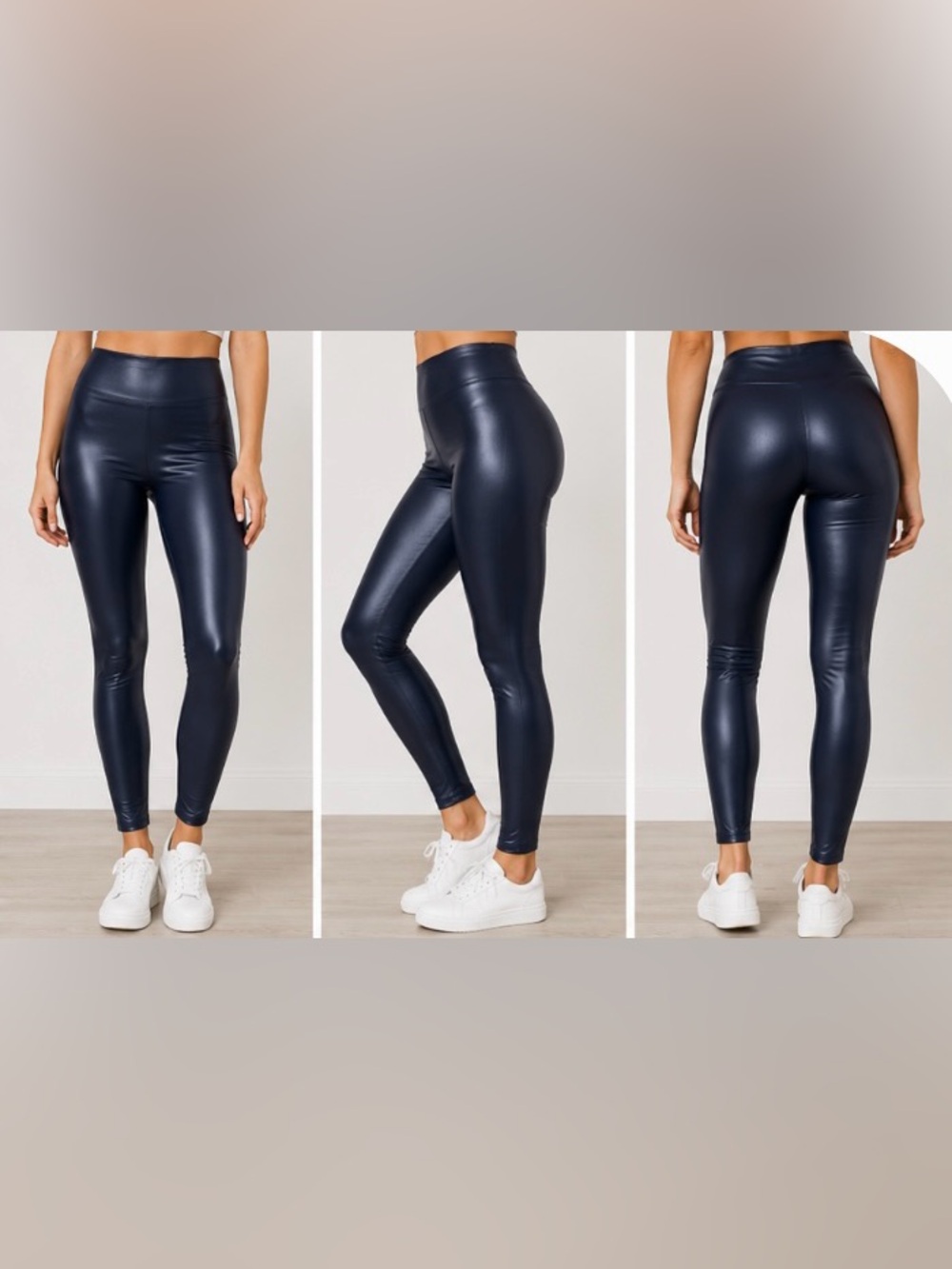High-Waist Navy Faux Leather Coated Leggings Pull-On Stretch Skinny Pants Size M